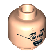 Tête de minifigurine Harry Potter, lunettes rondes, cicatrice de foudre, motif : bouche ouverte / bouche fermée (Minifig Head Harry Potter, Round Glasses, Lightning Scar, Open Mouth / Closed Mouth Print)