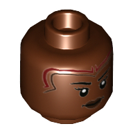 Tête de minifigurine okoye, rouge foncé et marques brun foncé, lèvres brun foncé, en colère, motif imprimé sévère (Minifig Head Okoye, Dark Red and Dark Brown Markings, Dark Brown Lips, Angry, Stern Print)