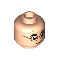 Tête de minifigurine Harry Potter, lunettes rondes, cicatrice de foudre, sourire / lunettes pliées motif imprimé (Minifig Head Harry Potter, Round Glasses, Lightning Scar, Smile / Bent Glasses Print)