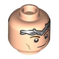 Tête de minifigurine Elrond, diadème/couronne argentée, sourcils brun foncé, ligne des joues, sourire sévère/sourire imprimé (Minifig Head Elrond, Silver Tiara/Crown, Dark Brown Eyebrows, Cheeklines, Stern Smirk/Smile Print)