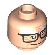 Tête de minifigurine Carl Fredricksen, sourcils épais blancs, rides, lunettes noires, motif : sourire / air renfrogné (Minifig Head Carl Fredricksen, Thick White Eyebrows, Wrinkles, Black Glasses, Smile/Frown Print)