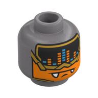 Tête de minifigurine argent / or à cornes démon, visière avec égaliseur de musique, visage orange avec garniture d'or / sombre visage azur avec motif imprimé garniture d'argent (Minifig Head Silver / Gold Horned Demon, Visor with Music Equalizer, Orange Face with Gold Trim / Dark Azure Face with Silver Trim Print)