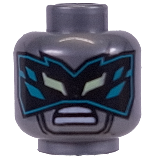 Tête de minifigurine Zane, robot noir et sombre masque azur, sourire en colère / yeux argentés, lignes noires motif imprimé (Minifig Head Zane, Robot Black and Dark Azure Eyemask, Angry Grin / Silver Eyes, Black Lines Print)