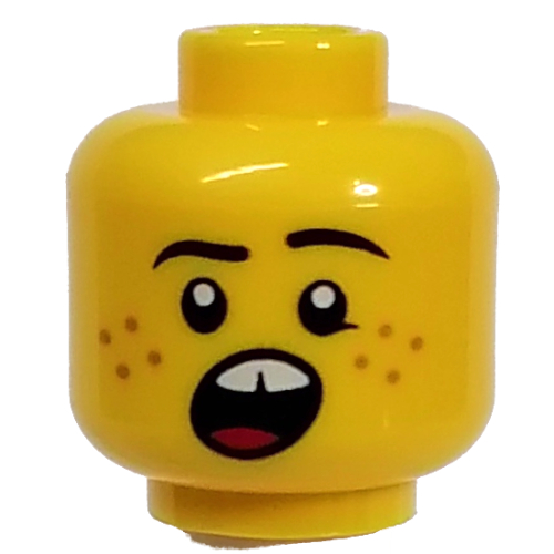 Tête de minifigurine journal kid, taches de rousseur, hurlant bouche ouverte, motif imprimé dents (Minifig Head Newspaper Kid, Freckles, Open Mouth Screaming, Teeth Print)