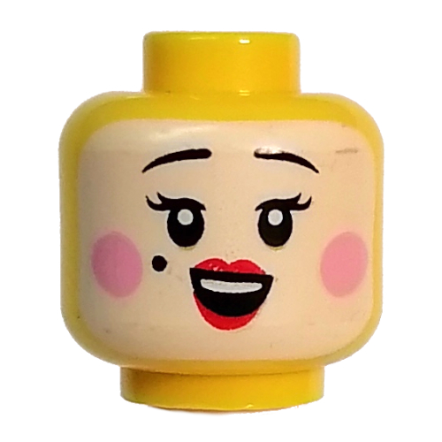 Tête de minifigurine aristocrate rococo, peinture blanche pour le visage, joues rose vif, lèvres rouges, motif : bouche fermée / sourire bouche ouverte (Minifig Head Rococo Aristocrat, White Face Paint, Bright Pink Cheeks, Red Lips, Closed Mouth / Open Mouth Smile Print)