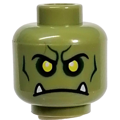 Tête de minifigurine Orque, yeux jaunes, vert foncé Contour lignes, blanc Crocs motif imprimé (Minifig Head Orc, Yellow Eyes, Dark Green Contour Lines, White Fangs Print)