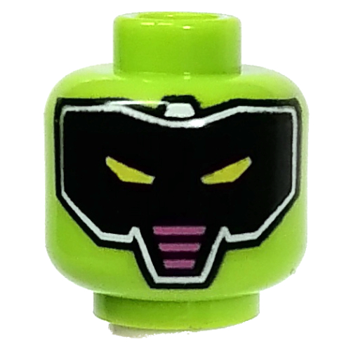 Tête de minifigurine Robot, Visière noire, Yeux verts, Triangle rouge dans le dos imprimé (Minifig Head Robot, Black Visor, Lime Eyes, Red Triangle in Back Print)