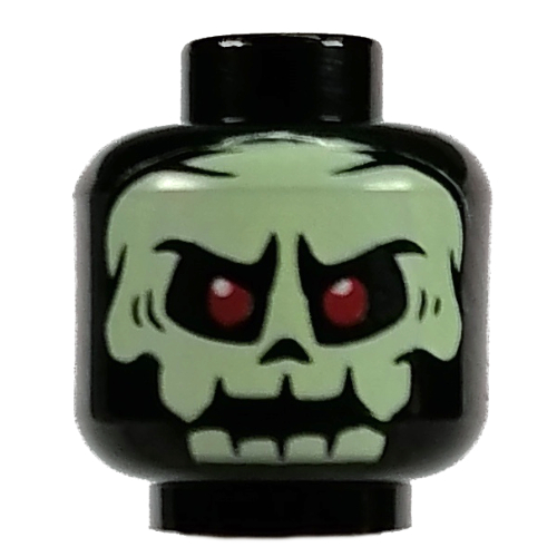 Tête de minifigurine osseux garde / chevalier / guerrier, crâne vert jaunâtre, yeux rouges motif imprimé (Minifig Head Bone Guard / Knight / Warrior, Yellowish Green Skull, Red Eyes Print)