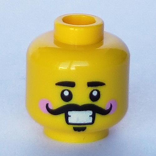 Tête de minifigurine Casse-noisette, joues rose vif, grande moustache noire et bouc, motif : sourire bouche ouverte / sourire bouche fermée (Minifig Head Nutcracker, Bright Pink Cheeks, Large Black Mustache and Goatee, Open Mouth Smile / Closed Mouth Smile Print)
