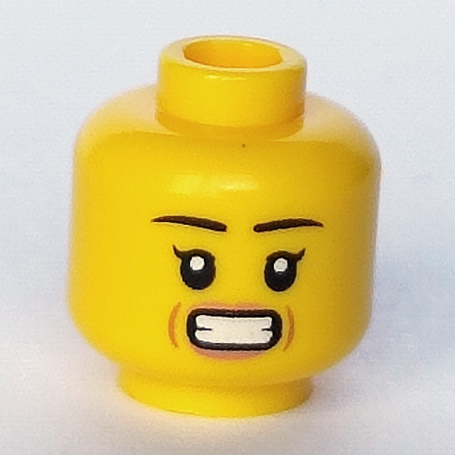 Tête de minifigurine, Cils, lèvres roses, motif : sourire bouche ouverte / dents serrées (Minifig Head, Eyelashes, Pink Lips, Open Mouth Smile / Clenched Teeth Print)