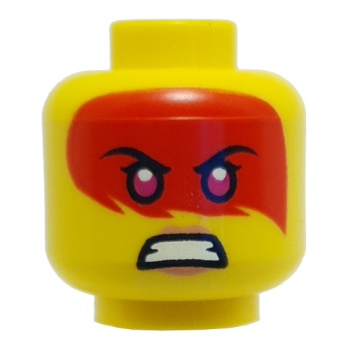 Tête de minifigurine Harumi, yeux magenta, peinture rouge à travers les yeux, lèvres de pêche, sourire / motif imprimé en colère (Minifig Head Harumi, Magenta Eyes, Red Paint Across Eyes, Peach Lips, Smile / Angry Print)