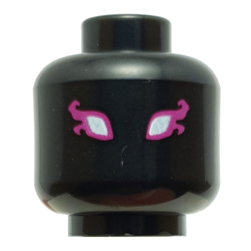 Tête de minifigurine monsieur f, yeux blancs, fard à paupières magenta avec motif imprimé flammes (Minifig Head Mister F, White Eyes, Magenta Eyeshadow with Flames Print)