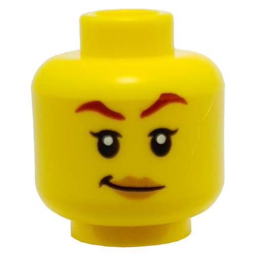 Tête de minifigurine Skylor, sourcils rouge foncé, lèvres pêche sourire / en colère avec motif imprimé de peinture de visage blanc (Minifig Head Skylor, Dark Red Eyebrows, Peach Lips Smile / Angry with White Face Paint Print)