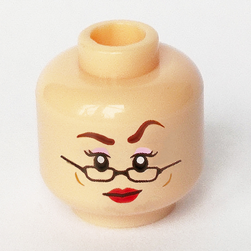 Tête de minifigurine rita skeeter, fines lunettes demi-cercle, sourcil gauche surélevé, lèvres rouges, lignes de joues, sourire / froncement des sourcils imprimé (Minifig Head Rita Skeeter, Thin Semi-circle Glasses, Raised Left Eyebrow, Red Lips, Cheek Lines, Smile / Frown Print)