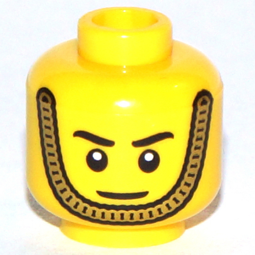 Tête de minifigurine garde royale, pupilles blanches, mentonnière or, et motif : sourire (Minifig Head Royal Guard, White Pupils, Gold Chin Strap, and Smile Print)