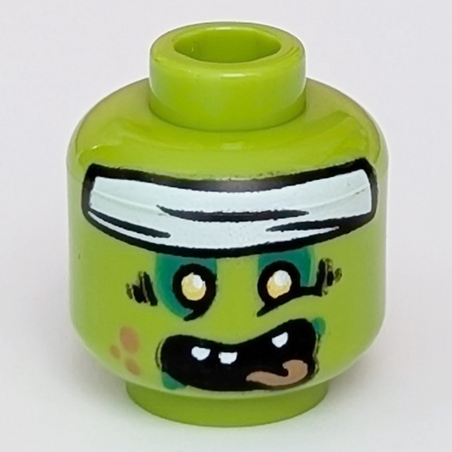 Tête de minifigurine, yeux jaunes, fard à paupières vert foncé, Taches de corail, bouche ouverte, Langue, motif imprimé bandana/bandage blanc [tenon creux] (Minifig Head, Yellow Eyes, Dark Green Eye Shadow, Coral Spots, Open Mouth, Tongue, White Bandanna/Bandage Print [Hollow Stud])