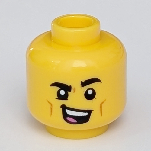 Tête de minifigurine Cheeky, bouche ouverte chantant, motif imprimé sourcils abaissés [tenon creux] (Minifig Head Cheeky, Open Mouth Singing, Lowered Eyebrow Print [Hollow Stud])