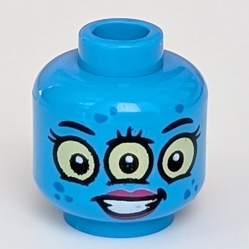 Tête de minifigurine, 3 Yeux Jaunes, Lèvres Rouges, Motif imprimé Sourire [tenon creux] (Minifig Head, 3 Yellow Eyes, Red Lips, Smile Print [Hollow Stud])