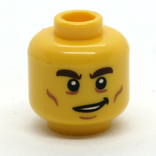 Tête de minifigurine, sourcils brun foncé, traits sur les joues, motif imprimé sourire tordu (Minifig Head, Dark Brown Eyebrows, Cheek Lines, Crooked Smile Print)