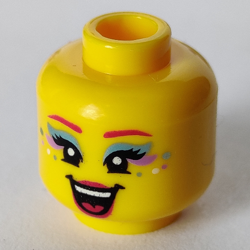 Tête de minifigurine Chanteur de fées, bouche ouverte chantant, lèvres rouges, motif imprimé ombre à paupières bleu métallique (Minifig Head Fairy Singer, Open Mouth Singing, Red Lips, Metallic Blue Eye Shadow Print)