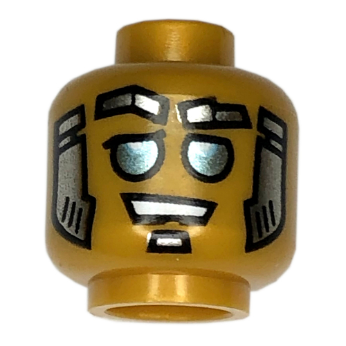 Tête de minifigurine bass bot, yeux bleus, favoris argent et or et motif imprimé goaté (Minifig Head Bass Bot, Blue Eyes, Silver and Gold Sideburns and Goatee Print)