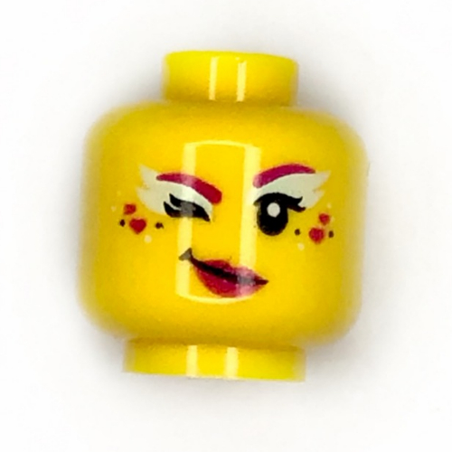 Tête de minifigurine bonbon ballerine, lèvres rose foncé lumineux fard à paupières jaune clair/rose foncé, motif imprimé clin d'œil (Minifig Head Candy Ballerina, Dark Pink Lips Bright Light Yellow/Dark Pink Eye Shadow, Wink Print)