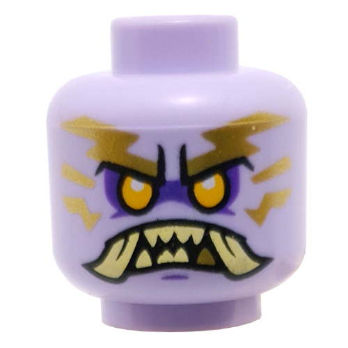 Tête de minifigurine Mammatus en chef, yeux orange clair vif, dents et crocs beige, or clair, motif : en colère / sourire (Minifig Head Chief Mammatus, Bright Light Orange Eyes, Tan Teeth and Fangs, Gold Lightning, Angry / Smile Print)