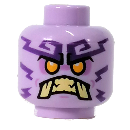 Tête de minifigurine poulerik / rumble keeper, yeux orange clair vif, dents beige, crocs, motif imprimé foudre violet foncé (Minifig Head Poulerik / Rumble Keeper, Bright Light Orange Eyes, Tan Teeth, Fangs, Dark Purple Lightning Print)
