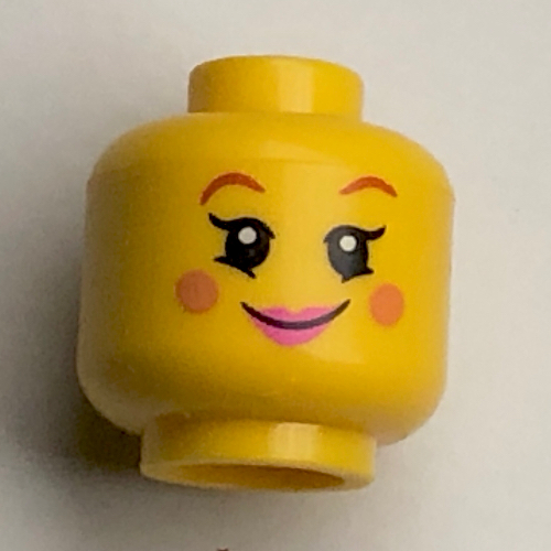 Tête de minifigurine, sourcils brun rougeâtre, Joues de nougat, lèvres roses, Motif imprimé sourire / clin d'œil (Minifig Head, Reddish Brown Eyebrows, Nougat Cheeks, Pink Lips, Smile / Wink Print)