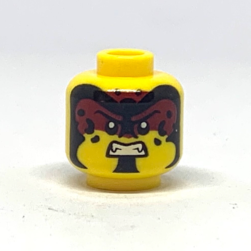 Tête de minifigurine, peinture de visage rouge foncé, sports noirs, sourire / colère montrant des dents motif imprimé (Minifig Head, Dark Red Facepaint, Black Sports, Smile / Angry Showing Teeth Print)