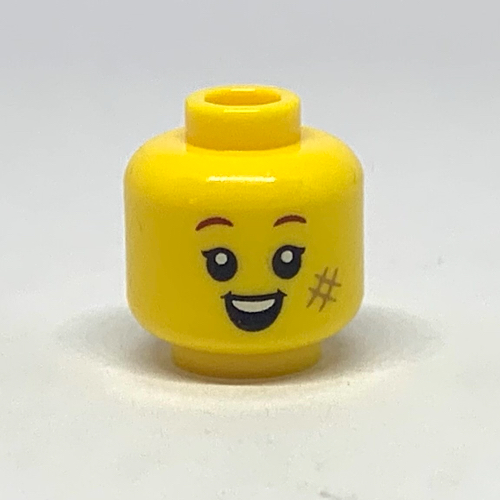 Tête de minifigurine, éraflure foncée '#' sur la joue, sourire, motif : bouche fermée / bouche ouverte (Minifig Head, Dark Tan '#' Scuff on Cheek, Smile, Closed Mouth / Open Mouth Print)