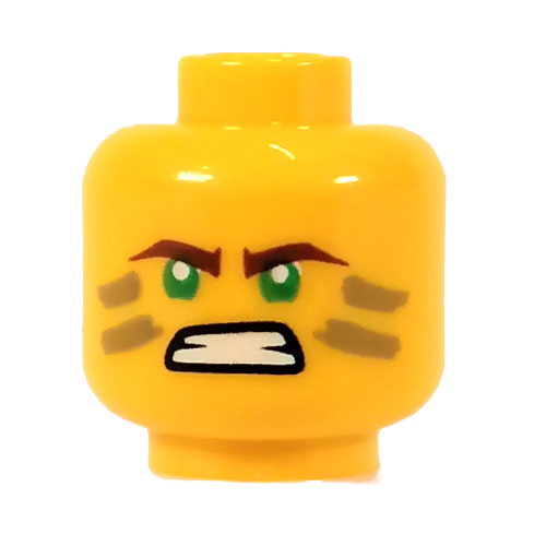 Tête de minifigurine Lloyd Garmadon, rayures beige foncées, sourcils brun rougeâtre, yeux verts, déterminé, motif imprimé en colère (Minifig Head Lloyd Garmadon, Dark Tan Stripes, Reddish Brown Eyebrows, Green Eyes, Determined, Angry Print)