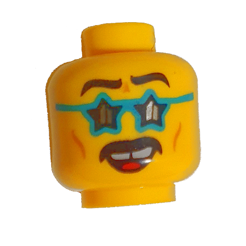 Tête de minifigurine Jacob, lunettes turquoise foncées, dents, dents manquantes, moustache, sourire / motif imprimé effrayé (Minifig Head Jacob, Dark Turquoise Glasses, Teeth, Missing Tooth, Mustache, Smile / Scared Print)