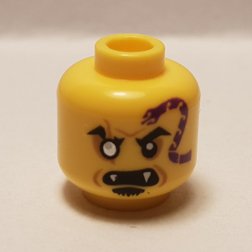 Tête de minifigurine eyezore, œil blanc, serpent violet foncé, crocs, motif imprimé bouc (Minifig Head Eyezore, White Eye, Dark Purple Snake, Fangs, Goatee Print)