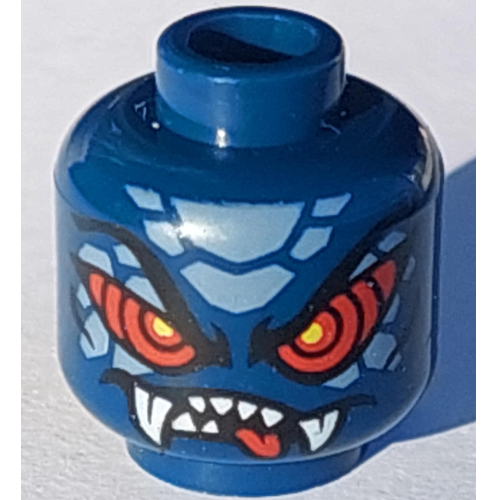 Tête de minifigurine Serpentine, yeux rouges, crocs blancs, sable bleu échelles motif imprimé (Minifig Head Serpentine, Red Eyes, White Fangs, Sand Blue Scales Print)