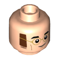 Tête de minifigurine James Potter, lunettes dorées, favoris brun rougeâtre, motif : sourire en coin / sourire bouche ouverte (Minifig Head James Potter, Gold Glasses, Reddish Brown Sideburns, Smirk / Open Mouth Smile Print)