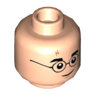 Tête de minifigurine Harry Potter, lunettes, sourcils, cicatrice de foudre orange foncé, motif : sourire en coin / effrayé (Minifig Head Harry Potter, Glasses, Eyebrows, Dark Orange Lightning Scar, Smirk / Scared Print)