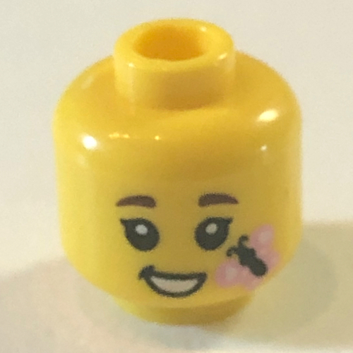 Tête de minifigurine, sourcils bruns, bouche fermée Sourire / ouvert Sourire de bouche avec motif imprimé Papillon rose (Minifig Head, Brown Eyebrows, Closed Mouth Smile / Open Mouth Smile with Pink Butterfly Print)
