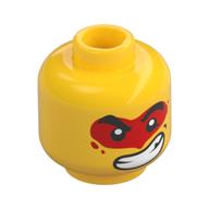 Tête de minifigurine de moine enfant, sourcils épais, sourire bouche ouverte sérieux / déséquilibré avec des dents et de la peinture rouge autour des yeux motif imprimé (Minifig Head Monkie Kid, Thick Eyebrows, Serious / Lopsided Open Mouth Smile with Teeth and Red Paint Around Eyes Print)