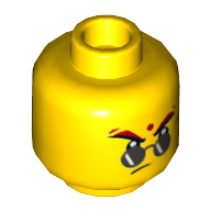 Tête de minifigurine rouge Son, lunettes de soleil rondes, point avant rouge, fronceur / sourcils surélevés avec bouche ouverte avec motif imprimé de dents (Minifig Head Red Son, Round Sunglasses, Red Forehead Dot, Frown / Raised Eyebrows with Open Mouth with Teeth Print)