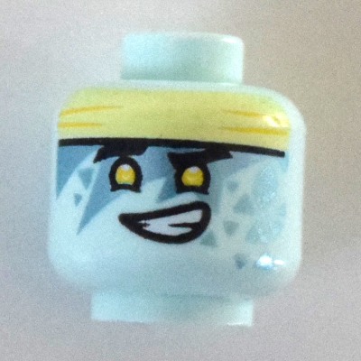 Tête de minifigurine Jay, Yeux et bandeau jaune clair, Triangles, Sourire / bouche ouverte et yeux fermés (Minifig Head Jay, Light Yellow Eyes and Headband, Triangles, Smile / Open Mouth and Closed Eyes)