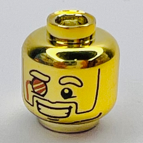 Tête de minifigurine mr or, monocle, grand sourire avec des dents motif imprimé (Minifig Head Mr Gold, Monocle, Wide Grin with Teeth Print)