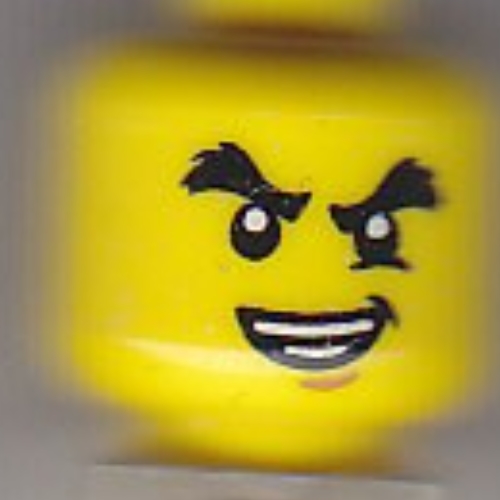 Tête de minifigurine Cole, sourcils broussailleux, fossette du menton, bouche ouverte sourire tordu motif imprimé (Minifig Head Cole, Bushy Eyebrows, Chin Dimple, Open Mouth Crooked Smile Print)