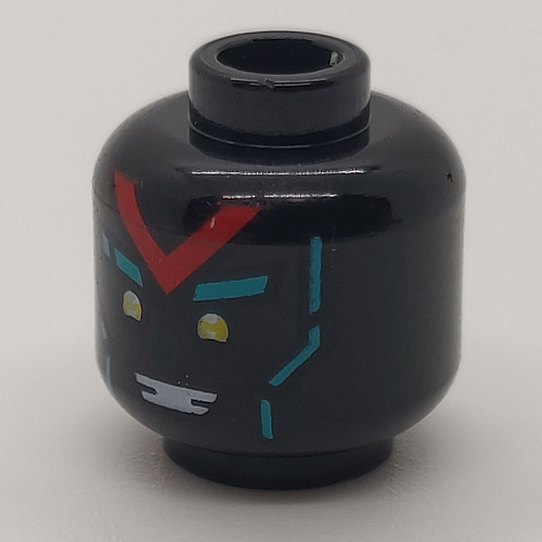 Tête de minifigurine unagami, yeux jaunes, rouge 'V', des sourcils et des lignes turquoise foncé / en colère avec des carrés rouges motif imprimé (Minifig Head Unagami, Yellow Eyes, Red 'V', Dark Turquoise Eyebrows and Lines / Angry with Red Squares Print)