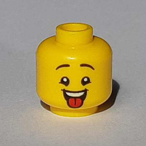 Tête de minifigurine, Sourcils hauts avec bouche ouverte / motif imprimé Langue rouge (Minifig Head, High Eyebrows with Open Mouth / Red Tongue Sticking Out Print)