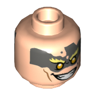 Tête de minifigurine Junkrat, peinture pour le visage vert olive, sourcils jaune clair vif, yeux jaunes, sourire bouche ouverte / dents grattées (Minifig Head Junkrat, Olive Green Face Paint, Bright Light Yellow Eyebrows, Yellow Eyes, Open Mouth Smile / Gritted Teeth Smile Print)