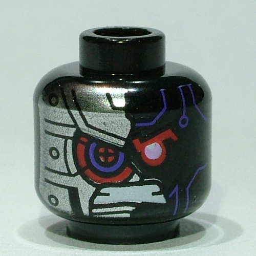 Tête de minifigurine Nindroïde, lignes violet foncé, œil rouge, dents grimées, côté droit blindé argent / motif imprimé côté gauche blindé argent (Minifig Head Nindroid, Dark Purple Lines, Red Eye, Gritted Teeth, Silver Armored Right Side / Silver Armored Left Side Print)