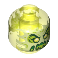 Tête de minifigurine Fantôme, visage vert jaunâtre, bouche visqueuse, sourcils levés, flammes dans le dos [tenon creux] (Minifig Head Ghost, Yellowish Green Face, Slime Mouth, Raised Eyebrows, Flames in Back [Hollow Stud])