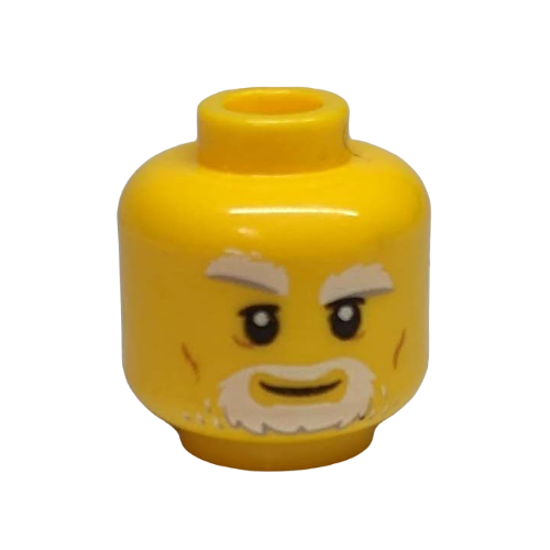 Tête de minifigurine Merlok, Barbe grise et blanche, sourcils épais, Sourcils levés à droite, Orange foncé (Minifig Head Merlok, Gray and White Beard, Thick Eyebrows, Right Raised Eyebrow, Dark Orange Cheek Lines Print)