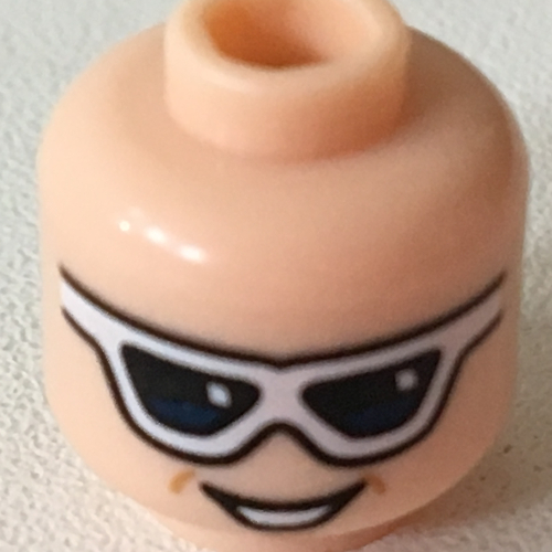 Tête de minifigurine homme en plastique, lunettes de soleil avec sourire bouche ouverte (Minifig Head Plastic Man, Sunglasses with Open Mouth Grin)